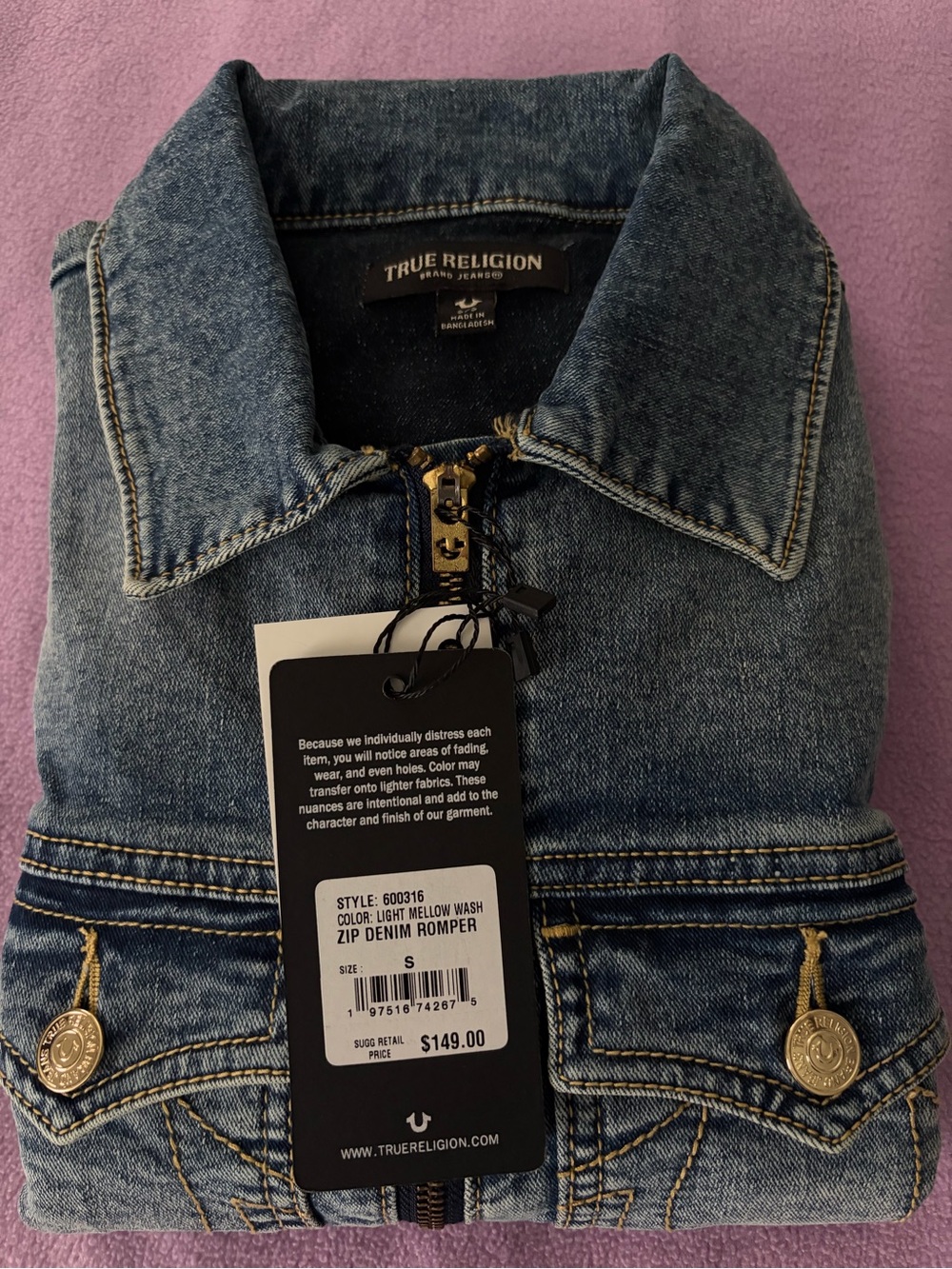 True Religion Women's Light Blue Denim Zip Romper - Light Mellow Wash